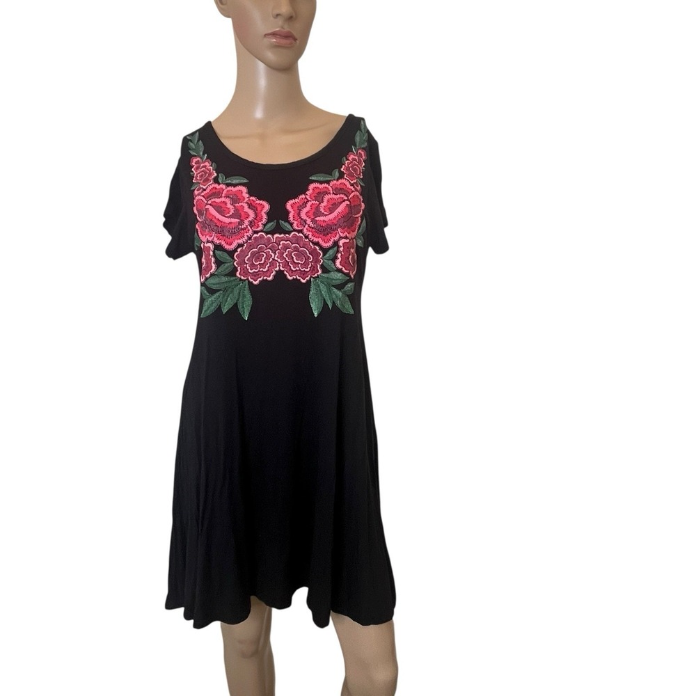 Vtg French Atmosphere‎ 90s Lounge Dress Stretch Black w/ Floral Applique Sz Med
